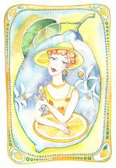 Lemonade Girl and Lemon, watercolor illustration and
graphic design for drink label