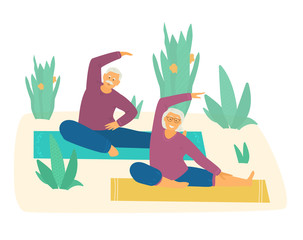 Smiling elderly couple practicing yoga or stretching on mats surrounded with plants. Active and healthy retirement. Flat vector illustration.