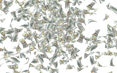 Flying dollars banknotes isolated on white background. Money is flying in the air. 100 US banknotes new sample. 3D illustration