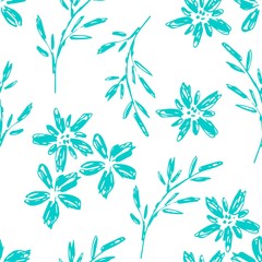Fototapeta na wymiar Gentle calm floral vector seamless pattern. Light blue outline of flowers, twigs on a white background. For prints of fabric, textile products, packaging, clothing.