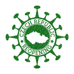 Czech Republic Reopening Stamp. Green round badge of country with map of Czech Republic. Country opening after lockdown. Vector illustration.