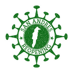 San Andres Reopening Stamp. Green round badge of island with map of San Andres. Island opening after lockdown. Vector illustration.