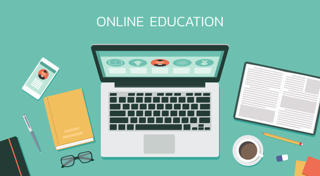top view of laptop computer, online education, e-learning, online course concept, home school, distance learning, new normal, vector flat illustration