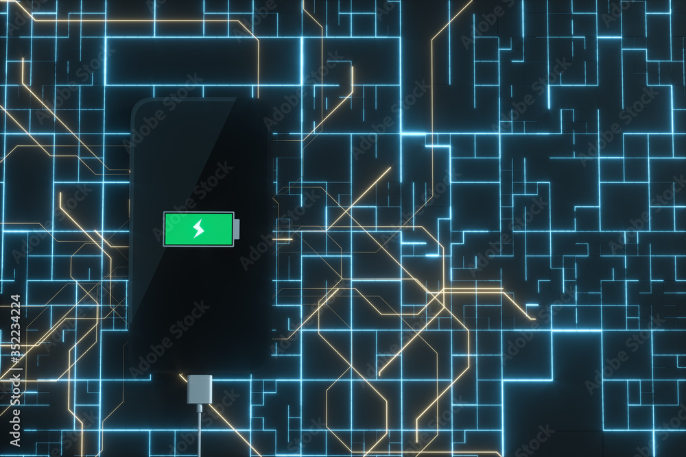 Aufkleber the charging mobile phone with circuit background, 3d rendering.