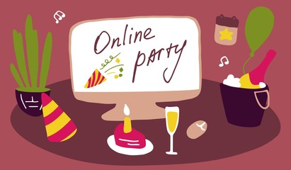 Party at home. Celebration in front of a computer. Birthday with friends online. Vector flat doodle graphic