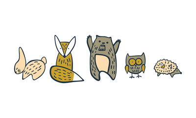 Hand drawn woodland animals collection. Cute characters in simple scandinavian style. Vector illustration.