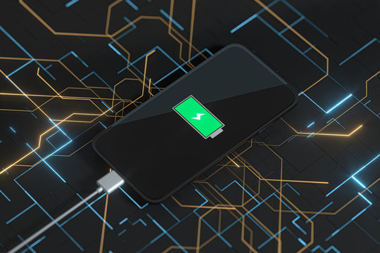 The Charging Mobile Phone With Circuit Background, 3d Rendering.