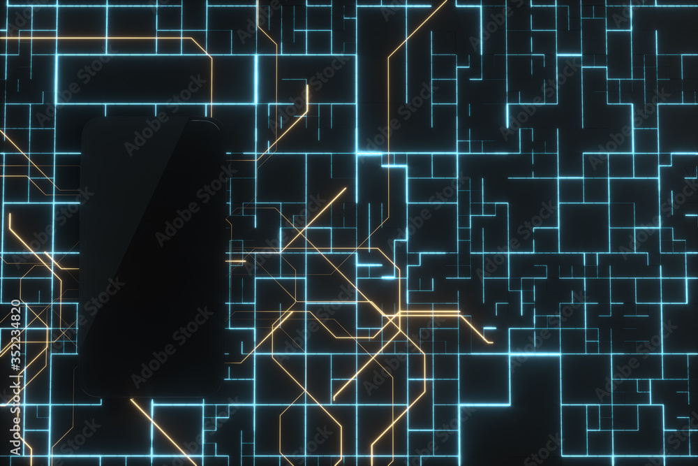 Poster mobile phone with electronics circuit board, 3d rendering.
