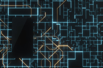 Mobile phone with electronics circuit board, 3d rendering.