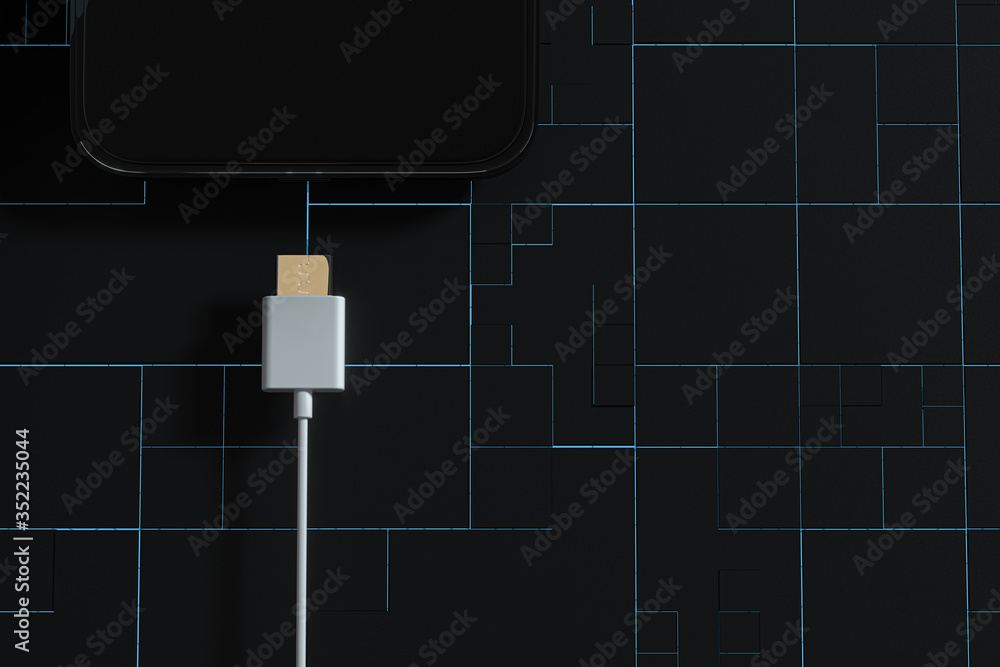 Poster the charging mobile phone with circuit background, 3d rendering.
