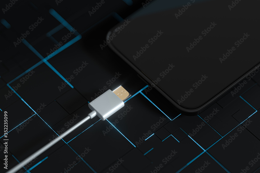 Poster the charging mobile phone with circuit background, 3d rendering.