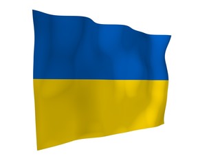 The flag of Ukraine on a white background. National flag and state ensign. Blue and yellow bicolour. 3D illustration waving flag
