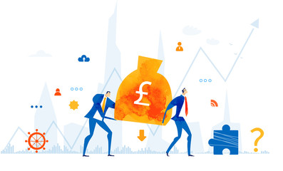 Business people, bankers, successful office forkers caring suck of money. Salary, professional achievement, bonus idea. Earning and saving, business concept illustration. 