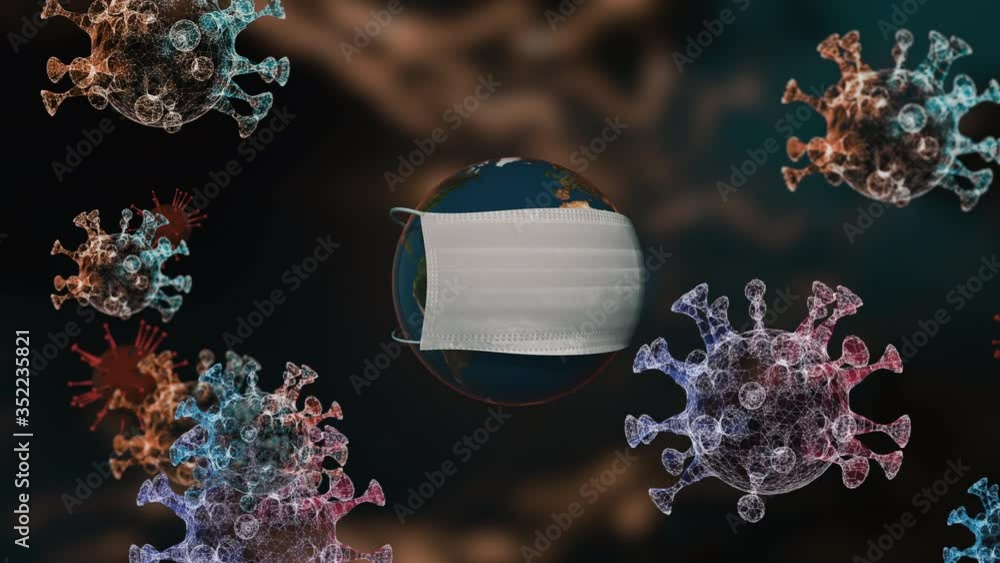 Poster virus cells flowing and glimming around planet in mask over dark abstract background.
