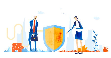 Business people, support team, security department colleagues stand next to the shire. 