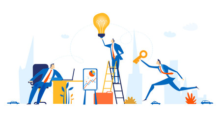 Business people working together in office, analysing data,  negotiating, solving the problems, supporting a project and makeing progress in business. Business concept illustration.
