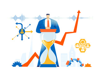 Businessman taking speech. Businessman stands by the sandglass and talking in from of people 