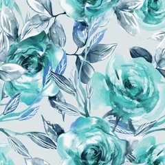 Photo sur Plexiglas Turquoise Modèle sans couture de roses. Fond d& 39 aquarelle.