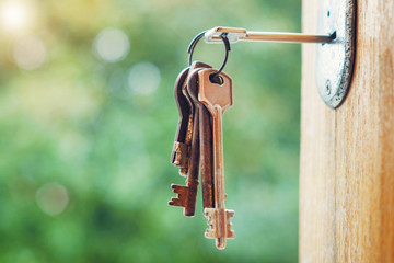 Set of rusty keys in the keyhole with blurred nature background
