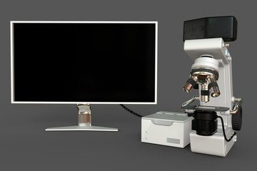White lab microscope, cpu box and empty monitor isolated, photorealistic 3d illustration of object with fictive design, biotechnology discovery concept