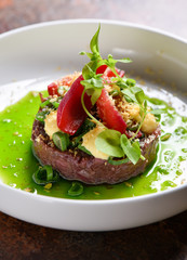 Fine dining, tuna fillet tartare with vegetables