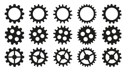 Set of black gears for your projects. Isolated image of gears on a white background. Vector for use in design, web page design, mobile applications. Unique gears with different number of teeth