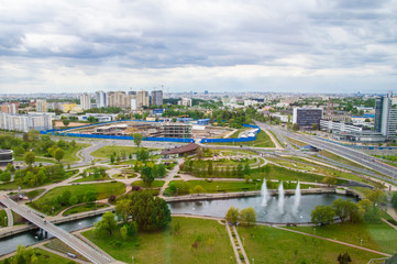 Top view of the city landscape. Buildings and roads in summer. 24 May 2020. Minsk. Belarus