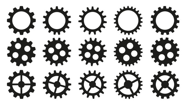 Set of black gears for your projects. Isolated image of gears on a white background. Vector for use in design, web page design, mobile applications. Unique gears with different number of teeth
