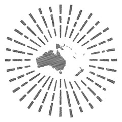 Sketch map of Oceania. Sunburst around the continent in flag colors. Hand drawn Oceania shape with sun rays on white background. Vector illustration.