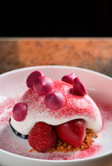 Fine dining dessert, RaspberryParfait, ice cream, white chocolate mousse and spices
