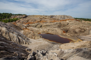 Amazing kaolin clay marsian landscape quarry open pit at summer day
