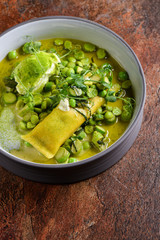 Fine dining, Ravioli stuffed with cheese and Asparagus