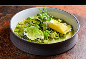 Fine dining, Ravioli stuffed with cheese and Asparagus