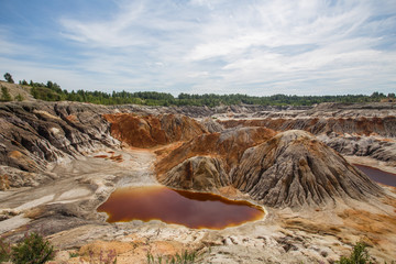 Amazing kaolin clay marsian landscape quarry open pit at summer day