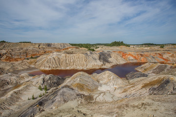 Amazing kaolin clay marsian landscape quarry open pit at summer day