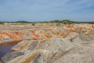 Amazing kaolin clay marsian landscape quarry open pit at summer day