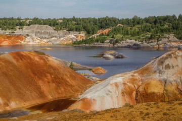 Amazing kaolin clay marsian landscape quarry open pit at summer day
