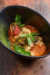 Veggie Fine dining appetizer in a gourmet restaurant, vegetable and beans with sauce