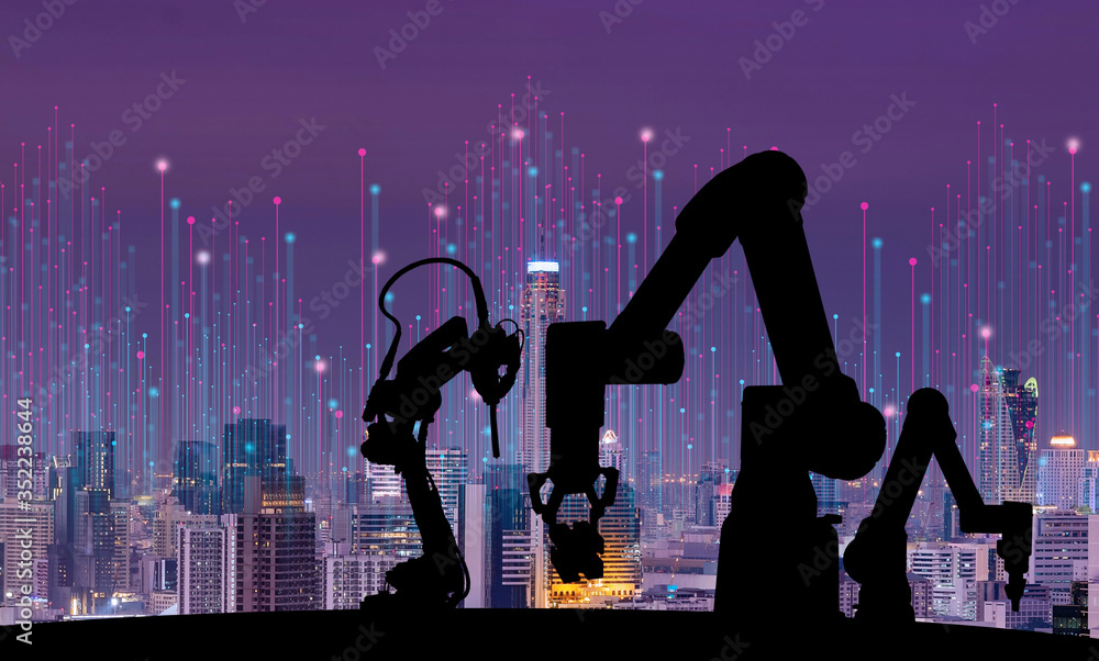 Leinwandbilder Silhouette of modern automation robot arms with Ai assistant technology network concept and metropolis city building background.