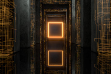 Glowing geometry lines in the dark tunnel, 3d rendering.