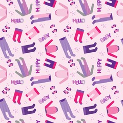 Fototapeta na wymiar Baby girl Clothes, Pants and Socks Background, vector Seamless Pattern in pink and violet colors