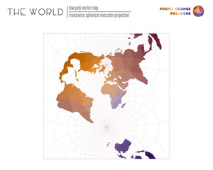 World map in polygonal style. Transverse spherical Mercator projection of the world. Purple Orange colored polygons. Neat vector illustration.