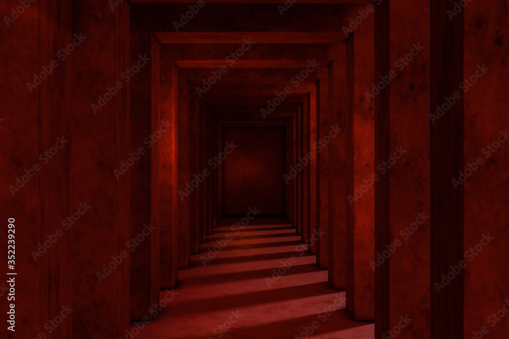 Poster red cement tunnel with light from the side, 3d rendering.