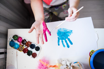 Child development. Creativity with paints in quarantine. Handprints 