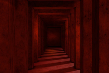 Red cement tunnel with light from the side, 3d rendering.