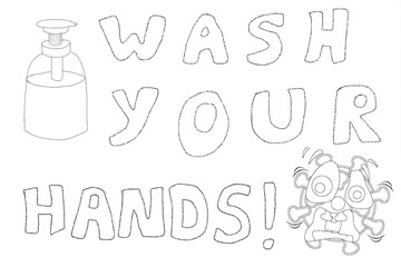 Children's cartoon illustration with a frightened virus, a sanitizer and the words "Wash your hands"