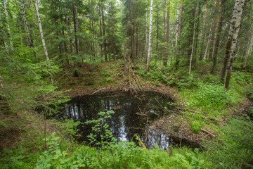 Old abandoned emerald gems mine open pit in forest