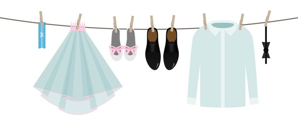 cartoon colorful hanging wedding clothes on line, vector decorative garland isolated on white background, clipart or illustration for marriage themes, perfect for announcement or invitation