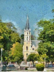 Fototapeta na wymiar Ancient gothic churches Illustrations creates an impressionist style of painting.