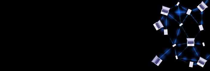 Black horizontal background with computers connected to the global network. The concept is global communications, globalization and unification. User interaction within local and global networks.